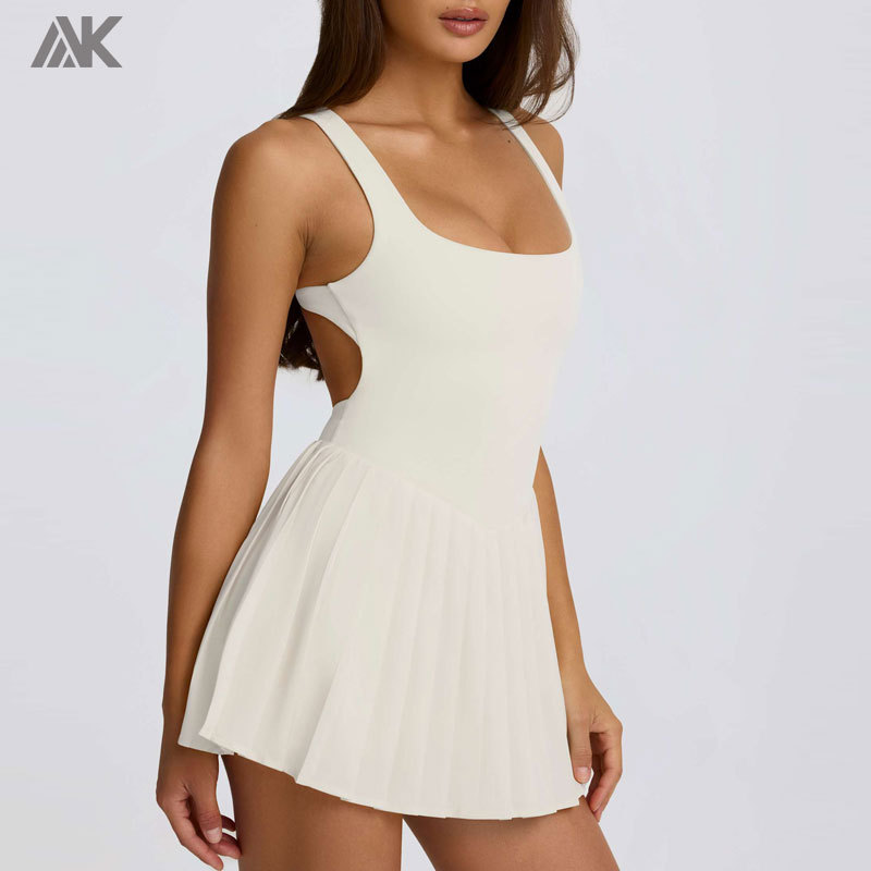 Custom Open-Back Pleated Tennis Dress Square Neck Sports Dresses Built-in Mini Shorts With Slip Pocket-Aktik