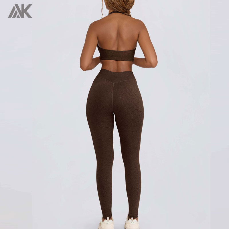 Custom Plunge V-Neck Sports Bra Mid-rise V-shaped Leggings Women's Yoga Fitness Suit-Aktik