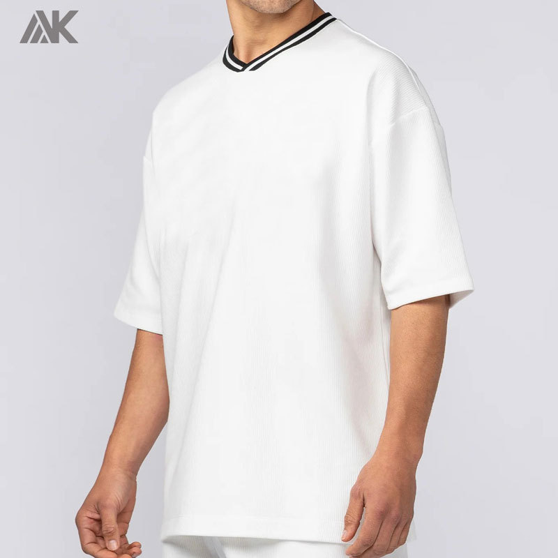 Custom Rib Cotton Men's Oversize T-shirt Ontrast Stripe Ribbed V Neckline Men Everyday Jersey-Aktik