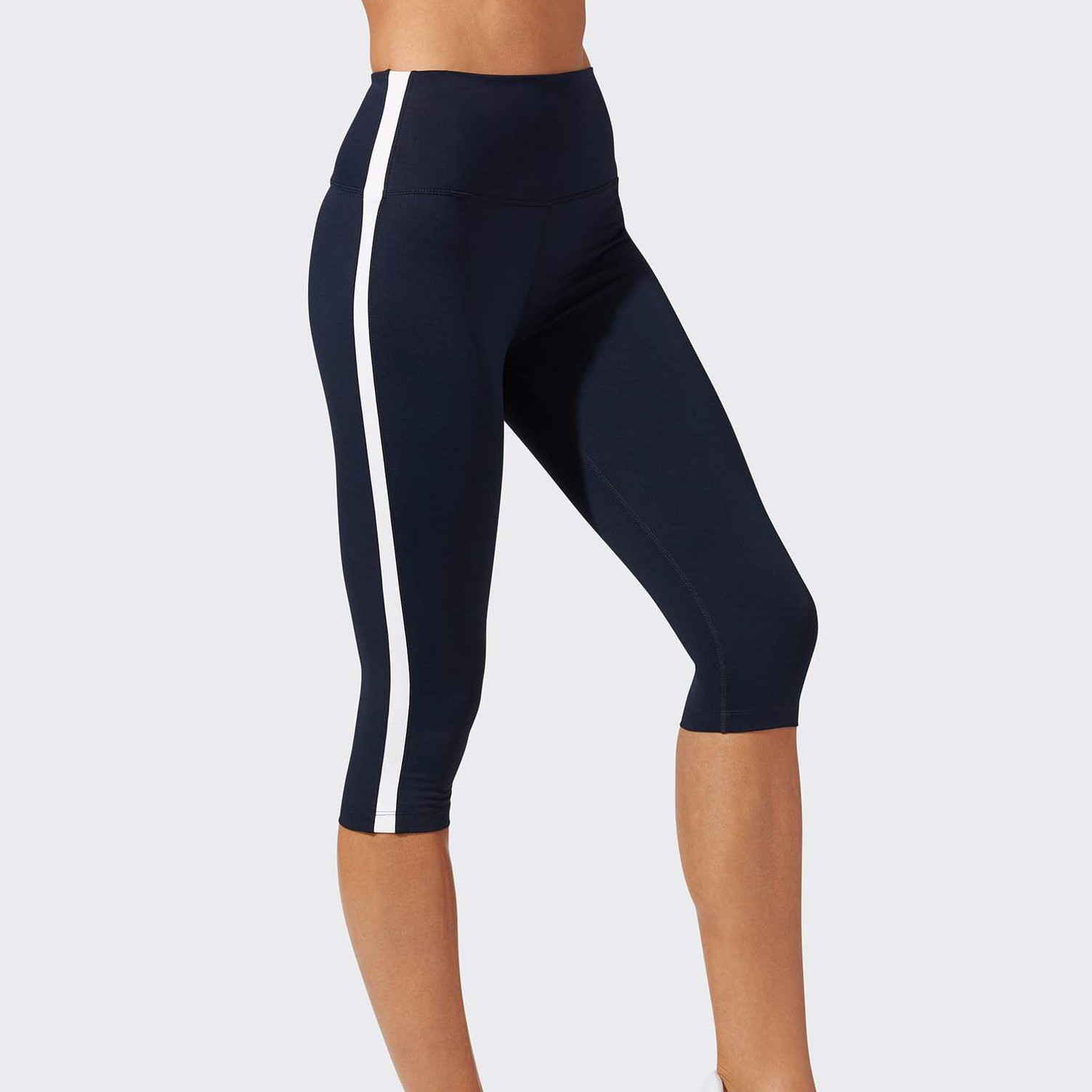 Custom Black and White Striped Capri Best High Waisted Leggings-Aktik