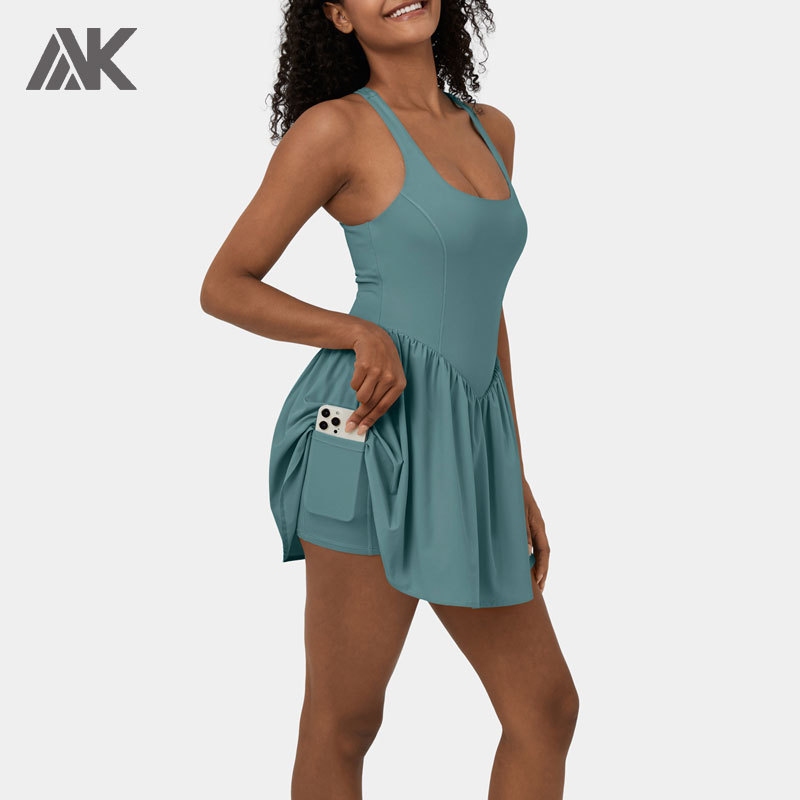 Custom Square Neck Backless Cut Out Best Tennis Dresses With Shorts For Women-Aktik