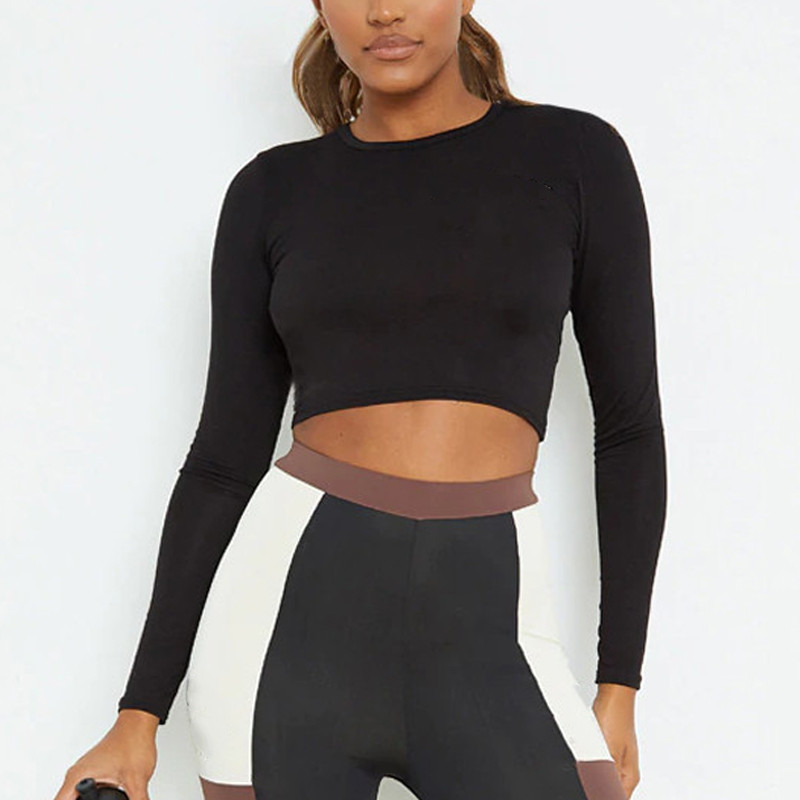 Custom Women's Long Sleeve Crew Neck Fitted Wholesale Blank Crop Tops-Aktik