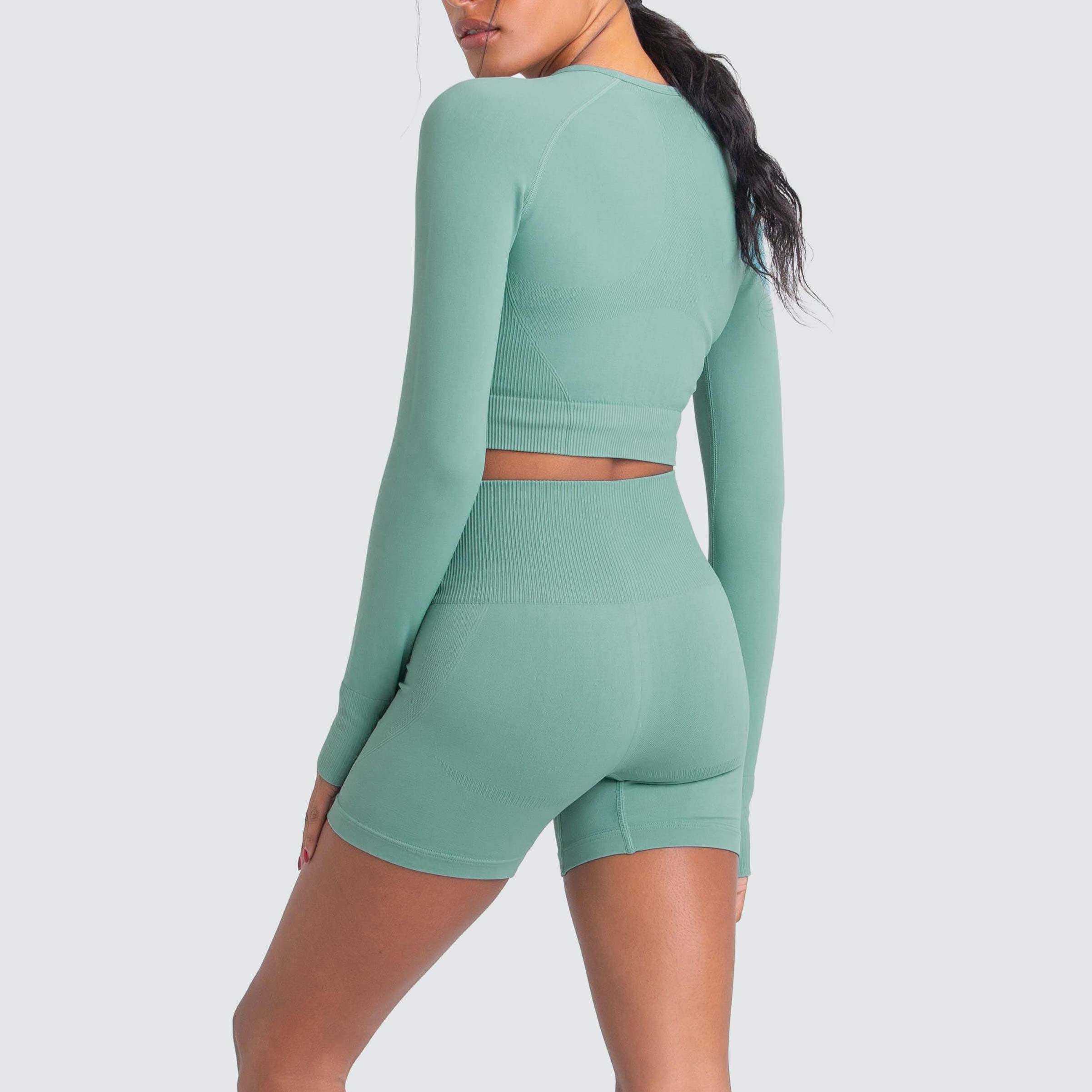 Custom Long Sleeve Yoga Set Crew Neck Crop Top Seamless Gym Wear for Women-Aktik