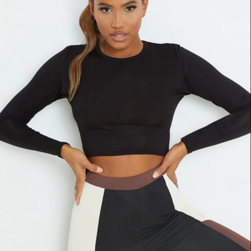 Custom Women's Long Sleeve Crew Neck Fitted Wholesale Blank Crop Tops-Aktik
