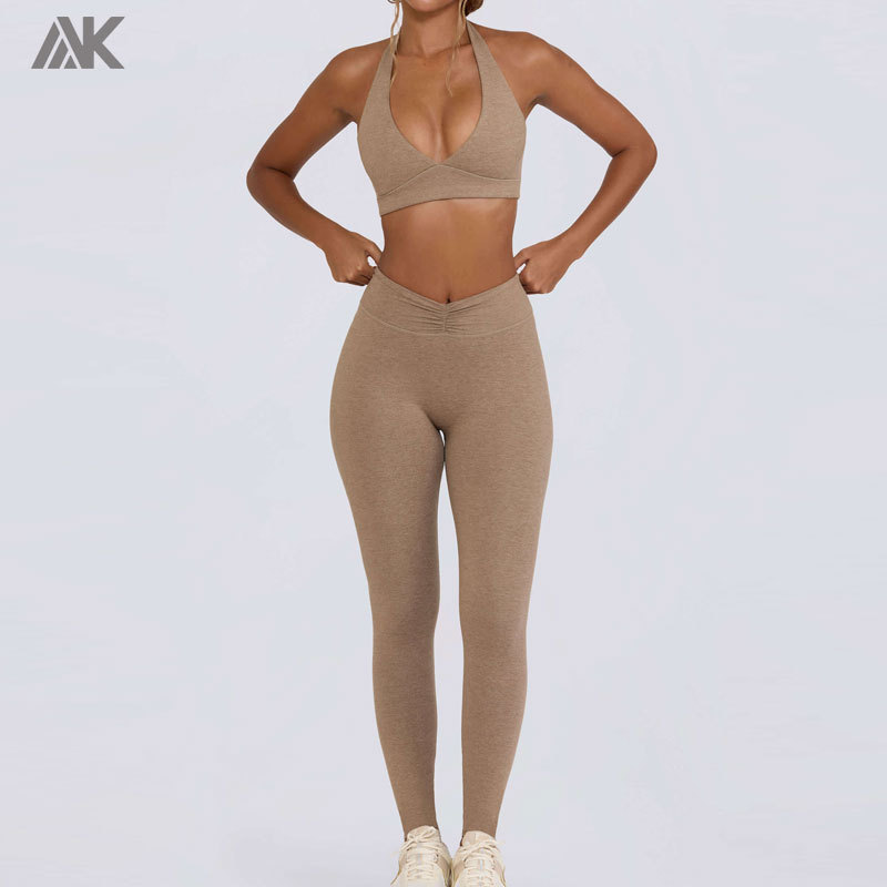 Custom Plunge V-Neck Sports Bra Mid-rise V-shaped Leggings Women's Yoga Fitness Suit-Aktik