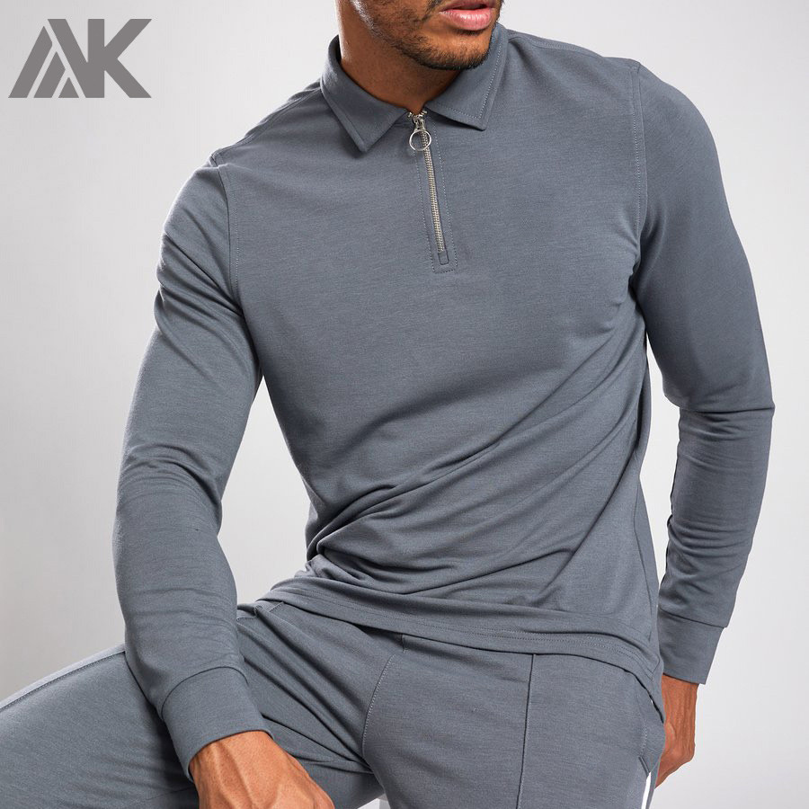 Custom Long Sleeve Collar T Shirt Zip Up Slim Fit Polo T Shirts for Men-Aktik