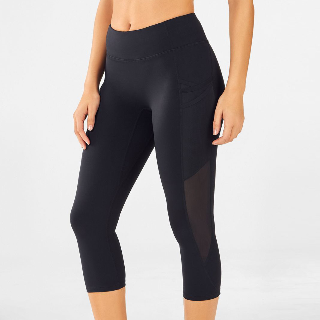 Custom Mid Waisted Womens Capri Leggings with Mesh Pockets and Panels-Aktik