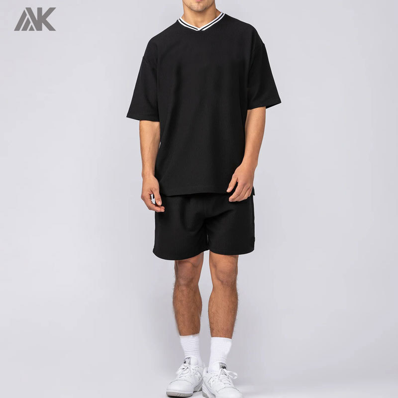 Custom Rib Cotton Men's Oversize T-shirt Ontrast Stripe Ribbed V Neckline Men Everyday Jersey-Aktik