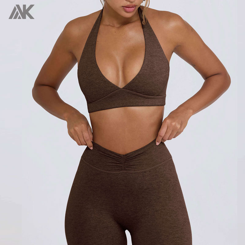 Custom Plunge V-Neck Sports Bra Mid-rise V-shaped Leggings Women's Yoga Fitness Suit-Aktik