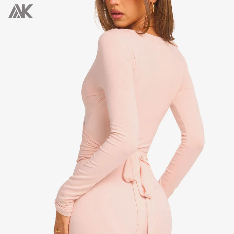 Custom Classic Styles Women's Full-length Sleeve T shirts Plunge Neckline Rayon Wrap Top-Aktik