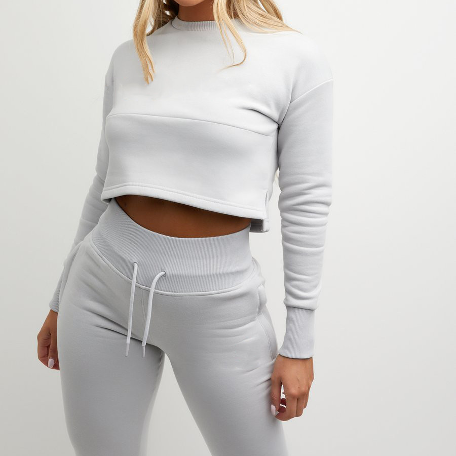 Wholesale Womens Sweatsuits Cotton Slim Fit Pullover Cropped Jogging Suits-Aktik