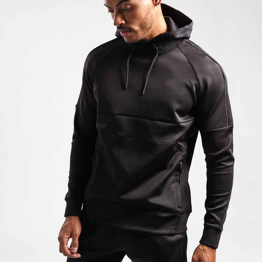 Wholesale Zip Pockets Plain Black Hoodie Fitted Custom Hoodies for Men-Aktik