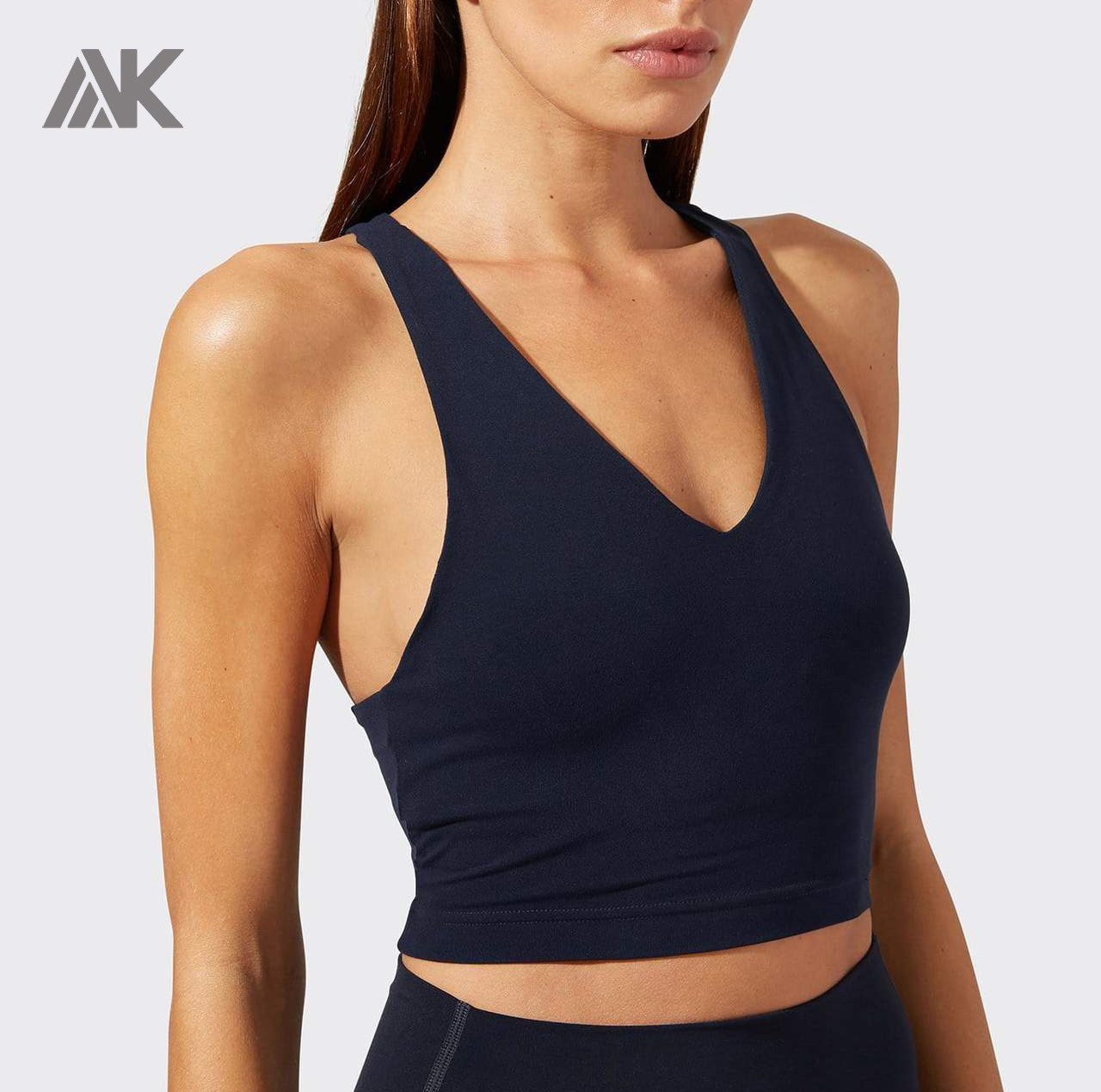 Custom V Neck Low Cut Padded Crop Top Racerback Long Sports Bra Tank Top-Aktik
